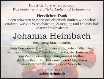 Traueranzeige von Johanna Heimbach von Mitteldeutsche Zeitung Merseburg/Querfurt