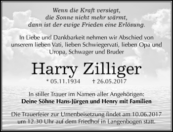 Traueranzeige von Harry Zilliger von Mitteldeutsche Zeitung Halle/Saalkreis