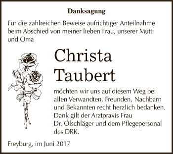 Traueranzeige von Christa Taubert von WVG - Wochenspiegel NMB / WSF / ZTZ