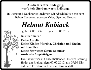 Traueranzeige von Helmut Kubiack von Super Sonntag Quedlinburg