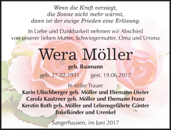 Traueranzeige von Wera Möller von Mitteldeutsche Zeitung Sangerhausen