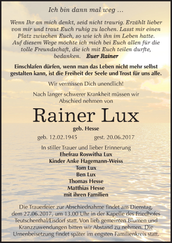 Traueranzeige von Rainer Lux von Mitteldeutsche Zeitung Halle/Saalkreis