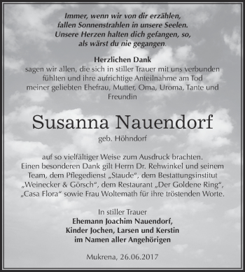 Traueranzeige von Susanna Nauendorf von Super Sonntag Bernburg