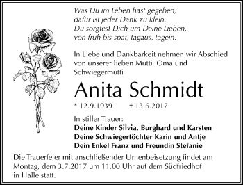 Traueranzeige von Anita Schmidt von Mitteldeutsche Zeitung Halle/Saalkreis