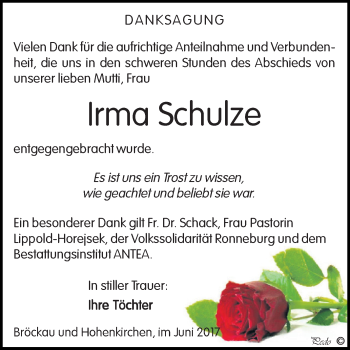 Traueranzeige von Irma Schulze von Super Sonntag Zeitz