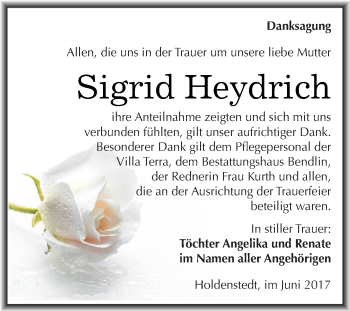 Traueranzeige von Sigrid Heydrich von Super Sonntag SGH Mansf. Land
