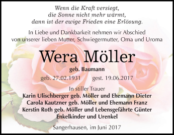 Traueranzeige von Wera Möller von Super Sonntag SGH Mansf. Land
