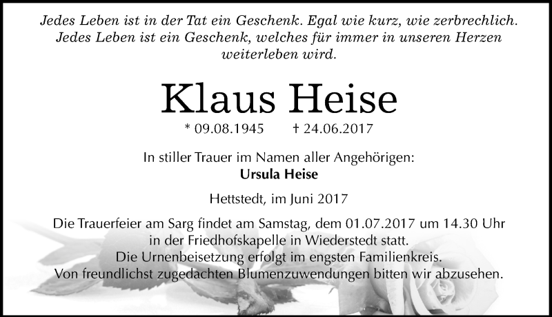  Traueranzeige für Klaus Heise vom 28.06.2017 aus Mitteldeutsche Zeitung Mansfelder Land
