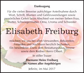 Traueranzeige von Elisabeth Freiburg von Mitteldeutsche Zeitung Bitterfeld
