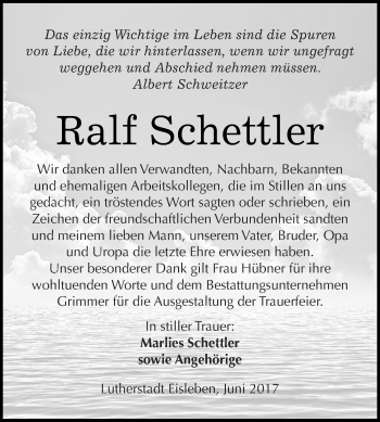 Traueranzeige von Ralf Schettler von Super Sonntag SGH Mansf. Land