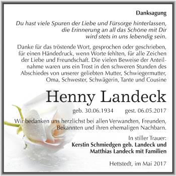 Traueranzeige von Henny Landeck von Wochenspiegel Mansfelder Land