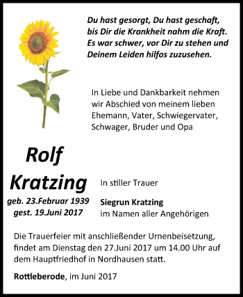 Traueranzeige von Rolf Kratzing von Super Sonntag SGH Mansf. Land