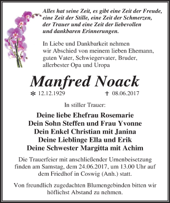 Traueranzeige von Manfred Noack von Mitteldeutsche Zeitung Wittenberg