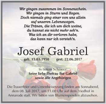 Traueranzeige von Josef Gabriel von Mitteldeutsche Zeitung Mansfelder Land