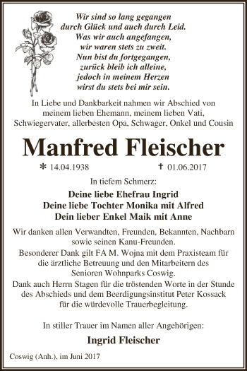 Traueranzeige von Manfred Fleischer von WVG - Wochenspiegel Dessau / Köthen