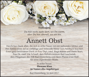 Traueranzeige von Annett Obst von Mitteldeutsche Zeitung Merseburg/Querfurt