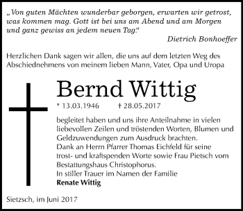 Traueranzeige von Bernd Wittig von Mitteldeutsche Zeitung Halle/Saalkreis