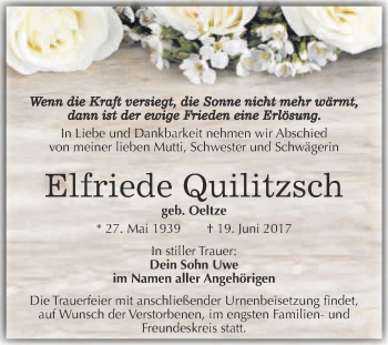 Traueranzeige von Elfriede Quilitzsch von WVG - Wochenspiegel Bitterfeld