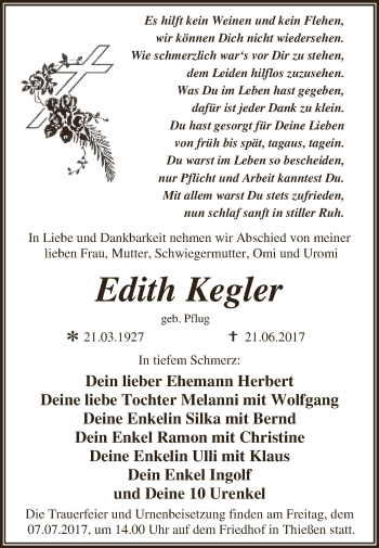 Traueranzeige von Edith Kegler von WVG - Wochenspiegel Dessau / Köthen