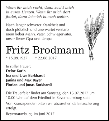 Traueranzeige von Fritz Brodmann von Super Sonntag SGH Mansf. Land