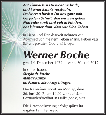 Traueranzeige von Werner Boche von Mitteldeutsche Zeitung Halle/Saalkreis