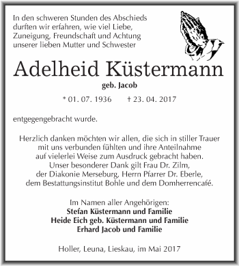 Traueranzeige von Adelheid Küstermann von WVG - Wochenspiegel Merseburg