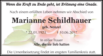 Traueranzeige von Marianne Schildhauer von Mitteldeutsche Zeitung Dessau-Roßlau
