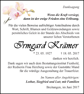 Traueranzeige von Irmgard Krämer von Super Sonntag SGH Mansf. Land