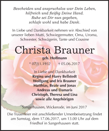 Traueranzeige von Christa Brauner von Mitteldeutsche Zeitung Sangerhausen
