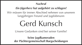Traueranzeige von Gerd Kunsch von WVG - Wochenspiegel NMB / WSF / ZTZ