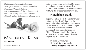 Traueranzeige von Magdalene Klinke von WVG - Wochenspiegel NMB / WSF / ZTZ