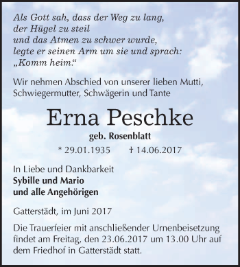 Traueranzeige von Erna Peschke von WVG - Wochenspiegel Merseburg