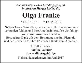 Traueranzeige von Olga Franke von Super Sonntag SGH Mansf. Land