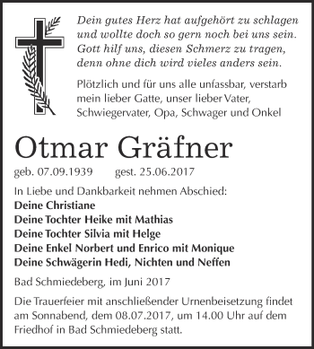 Traueranzeige von Otmar Gräfner von WVG - Wochenspiegel Wittenberg