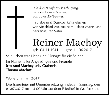 Traueranzeige von Reiner Machoy von Mitteldeutsche Zeitung Bitterfeld