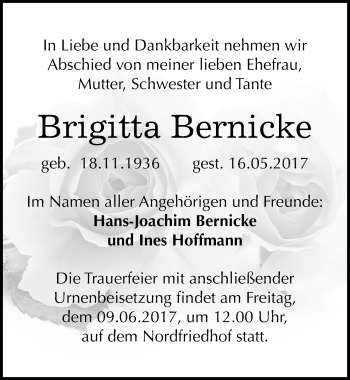 Traueranzeige von Brigitta Bernicke von Mitteldeutsche Zeitung Halle/Saalkreis