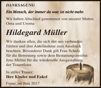 Traueranzeige von Hildegard Müller von Mitteldeutsche Zeitung Aschersleben
