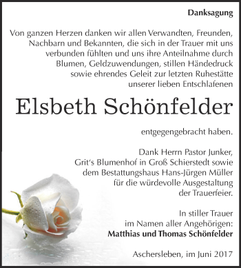 Traueranzeige von Elsbeth Schönfelder von Super Sonntag Aschersleben