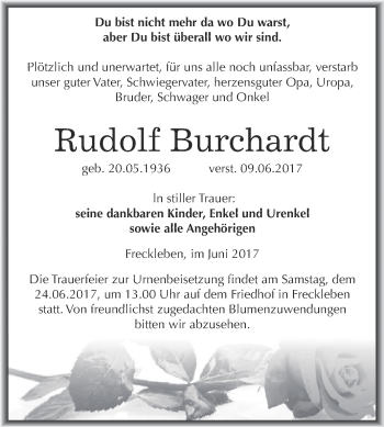 Traueranzeige von Rudolf Burchardt von Wochenspiegel Mansfelder Land