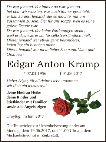 Traueranzeige von Edgar Anton Kramp von Super Sonntag Zeitz