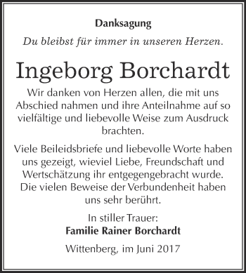 Traueranzeige von Ingeborg Borchardt von WVG - Wochenspiegel Wittenberg