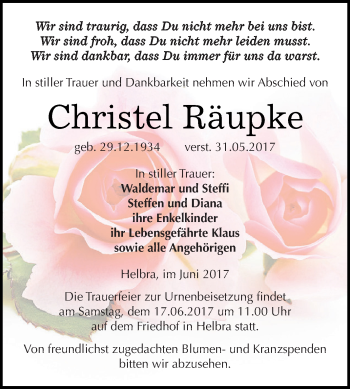 Traueranzeige von Christel Räupke von WVG - Wochenspiegel SGH