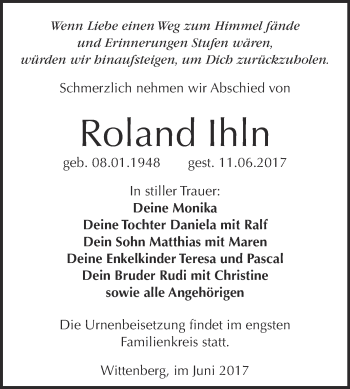 Traueranzeige von Roland Ihln von WVG - Wochenspiegel Wittenberg