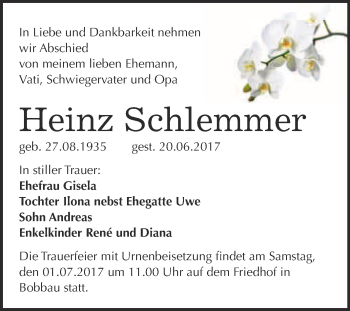 Traueranzeige von Heinz Schlemmer von WVG - Wochenspiegel Bitterfeld