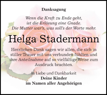 Traueranzeige von Helga Stadermann von WVG - Wochenspiegel NMB / WSF / ZTZ