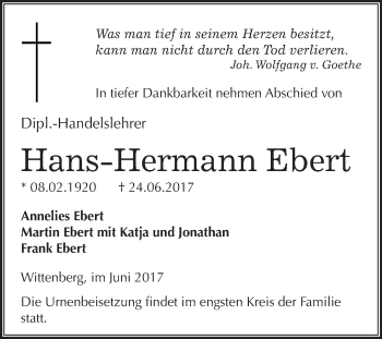Traueranzeige von Hans-Hermann Ebert von WVG - Wochenspiegel Wittenberg