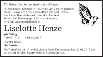Traueranzeige von Liselotte Henze von WVG - Wochenspiegel Merseburg