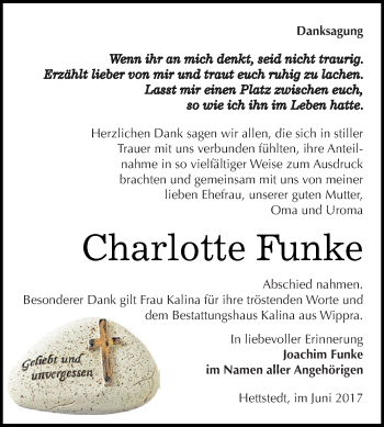 Traueranzeige von Charlotte Funke von Super Sonntag SGH Mansf. Land