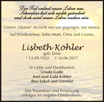 Traueranzeige von Lisbeth Köhler von Mitteldeutsche Zeitung Aschersleben
