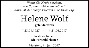 Traueranzeige von Helene Wolf von Mitteldeutsche Zeitung Mansfelder Land